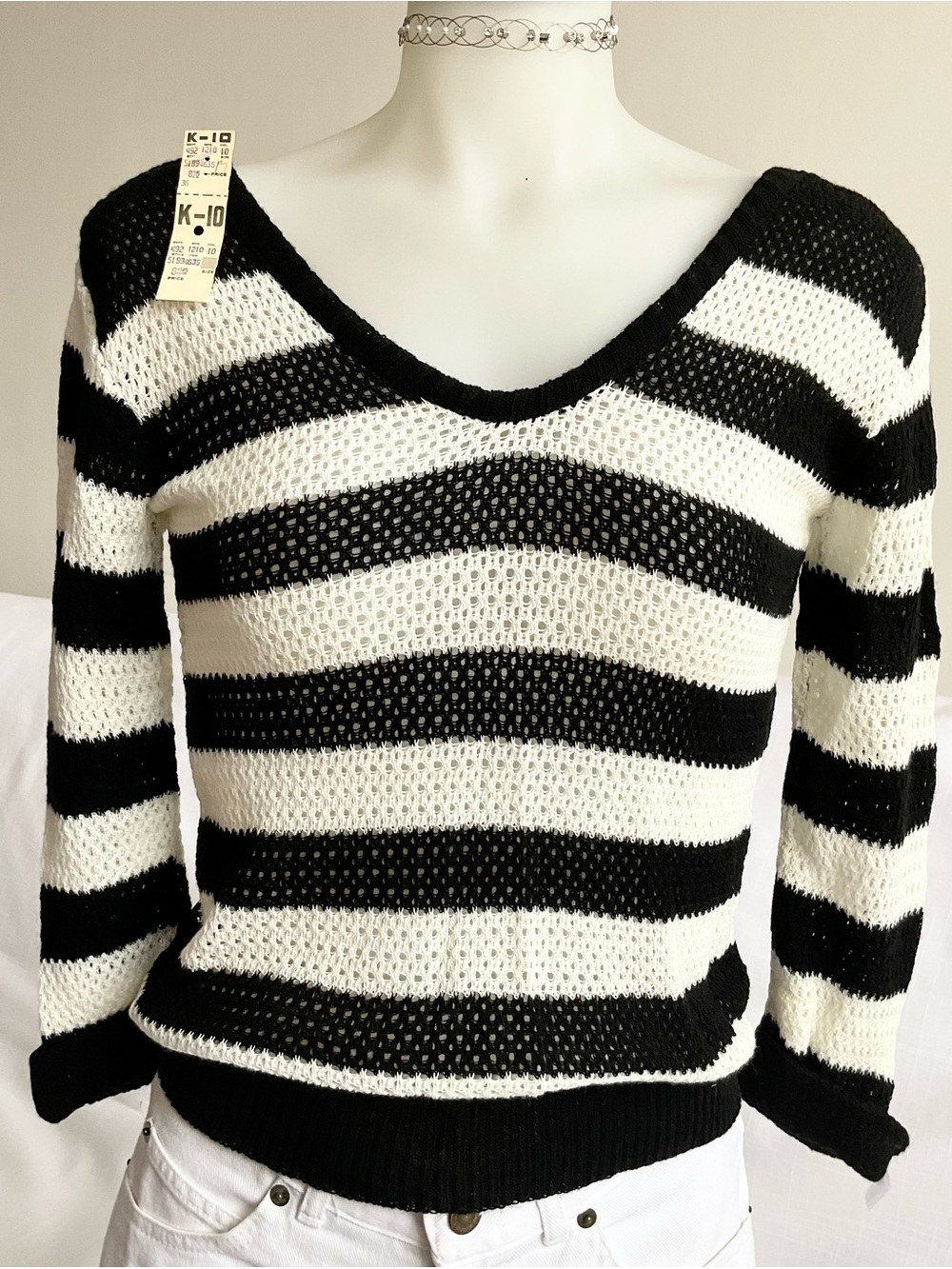 NWT Vintage 80s Black White Open Knit Striped Sweater | M (Fits S)
